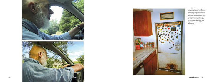 In Schiffer Publishing, Ltd.'s Memento Gorey, two unseen photos on the left show a bearded man driving; on the right is a kitchen featuring canned goods and a magnet-covered refrigerator.