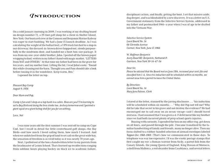 Two pages of the Rebel Voyage introduction featuring a first-person narrative about receiving a draft notice and family letters alongside a Selective Service transcript, reflecting on the start of a transatlantic sailing voyage.