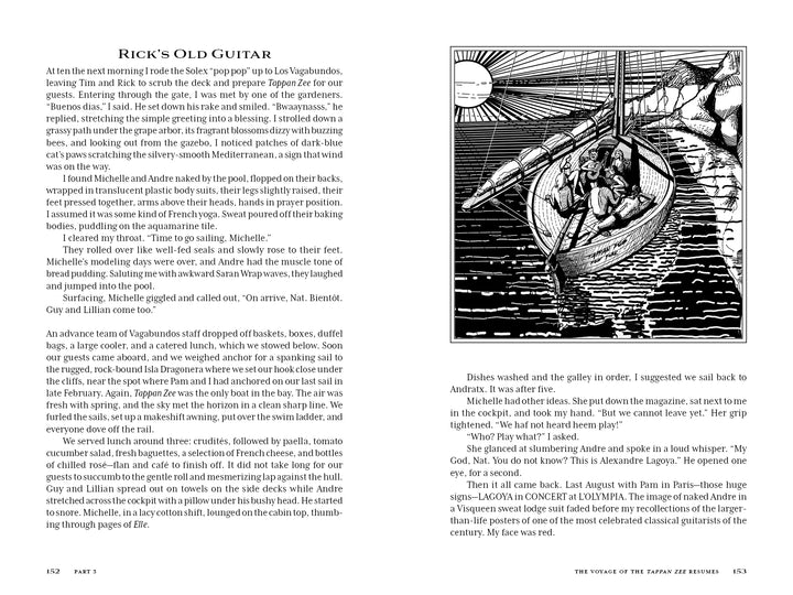 A Rebel Voyage book spread featuring two pages of text and a sketch of a schooner adventure, showing a person on deck, one sitting nearby, and another visible below through a hatch.