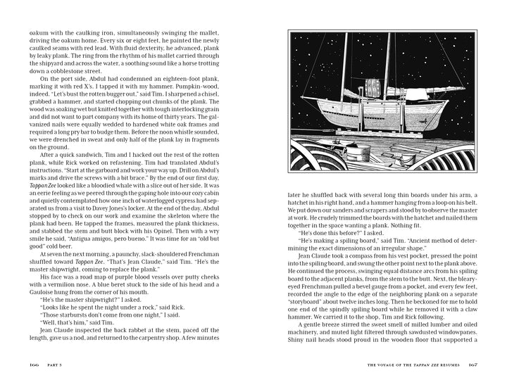 A two-page book spread from Rebel Voyage featuring a black-and-white illustration of a Nat Benjamin schooner under construction, surrounded by columns of narrative text.