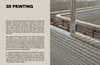 A close-up of a 3D printer nozzle laying concrete to build a curved wall. On the left, text from Schiffer Publishing, Ltd.'s "10 Innovations That Will Shape Tomorrow's Architecture" highlights 3D printing benefits in modern construction.