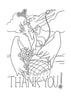 From Schiffer Publishing, Ltd.’s "Chadwick the Crab's 40th Birthday Coloring Postcards": A bird in a hat, glasses, and bow holds a flower basket; “THANK YOU!” appears below against clouds and a horizon.