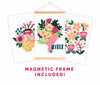 Three vibrant floral art prints are shown, with the center piece—ColorMaps Paint-by-Number Beautiful Blooms by Schiffer Publishing, Ltd.—displayed in a wooden magnetic frame. Bold text below reads, MAGNETIC FRAME INCLUDED!.