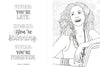A black and white page from The Unofficial Rom-Com Coloring Book by Schiffer Publishing, Ltd. features a Pretty Woman quote and a smiling woman with wavy hair leaning out of a car window.