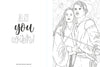 Two Princess Bride characters stand close, looking concerned—one with a sword, large flowers behind them. "As you wish!" appears in playful script. From The Unofficial Rom-Com Coloring Book by Schiffer Publishing, Ltd.