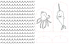 Black and white drawing of ocean waves beside cut-out templates for a smiling octopus with a hat and a narwhal with a bow tie. Two semicircle bases create stand-up dolls from the Under the Sea Besties coloring book by Schiffer Publishing, Ltd.