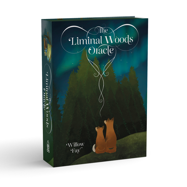 A box for The Liminal Woods Oracle by Schiffer Publishing, Ltd., featuring two foxes sitting together and gazing at a starry sky and northern lights above an enchanted forest.