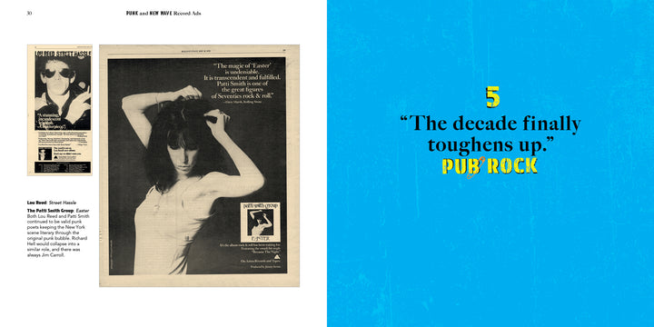 On the left, a vintage black-and-white magazine ad depicts a woman in sunglasses and a sleeveless top, while the right-hand page features a bold blue background, a large yellow 5, and the words: “The decade finally toughens up. PUB ROCK.” This striking promotional artwork from Punk and New Wave Record Ads by Schiffer Publishing, Ltd. captures the bold energy that punk and new wave brought to music graphic design.