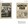 Four vintage black-and-white “Punk and New Wave Record Ads” by Schiffer Publishing, Ltd. showcase striking promotional art and dynamic graphic design for music icons—including The Great Rock N Roll Swindle, Gang of Four, and Wasted—arranged across two open pages of a magazine spread.