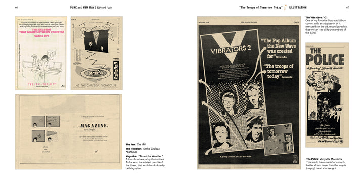 A page spread from Punk and New Wave Record Ads by Schiffer Publishing, Ltd., showcases vintage black-and-white advertisements for punk and new wave albums, featuring bold promotional art, striking graphics, iconic band names such as The Police and The Vibrators, and informative text that underscores how graphic design shaped the music scene—all presented on a clean white background.