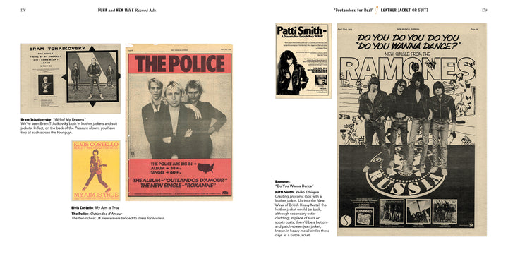 Discover “Punk and New Wave Record Ads” by Schiffer Publishing, Ltd.—a collection of vintage music magazine advertisements featuring iconic artists like Bram Tchaikovsky, The Police, Elvis Costello, Patti Smith, and the Ramones. Showcasing band photos, album covers, and bold promotional text, this volume highlights the energetic graphic design and vibrant promotional art that defined the punk and new wave era.
