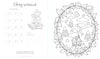 The Very Cozy Coloring Book by Schiffer Publishing, Ltd. features teacup-shaped swatches, a notes section, and a charming house among trees and hills to color, framed by a leafy border with clouds, stars, hearts, and a winding path.