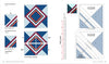 Designing for Foundation Paper Piecing by Schiffer Publishing, Ltd. features diagrams of blue, orange, and red blocks, assembly steps, quilting techniques, foundation templates with seam allowances and print scale, plus numbered sections for paper piecing.