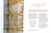 On the left is a woven textile in gold, white, and gray; on the right, a book page from "Transparency Weaving" by Schiffer Publishing, Ltd. explains transparency weaving in contemporary fiber art.