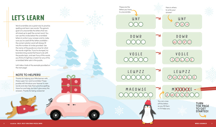 The KindKids Holly Jolly Christmas Puzzle Book by Schiffer Publishing, Ltd. features a dog pulling a pink car with presents, snow-covered trees, and a penguin. Festive puzzles and word scrambles appear on the right in green boxes with holiday decorations.