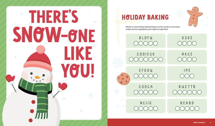 Left: A smiling snowman in red hat, scarf, and mittens with “THERE’S SNOW-ONE LIKE YOU!” Right: Schiffer Publishing’s KindKids Holly Jolly Christmas Puzzle Book, featuring festive puzzles and a Holiday Baking word scramble with gingerbread illustrations.