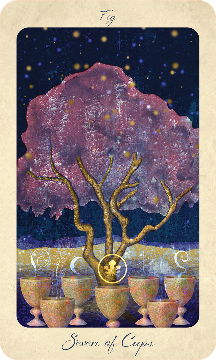 A mystical tree with pink leaves rises behind seven ornate cups beneath a starry sky, capturing the enchantment of The Tree Tarot by Schiffer Publishing, Ltd. One cup contains a glowing orb with a mouse inside, while the border names Fig and Seven of Cups.