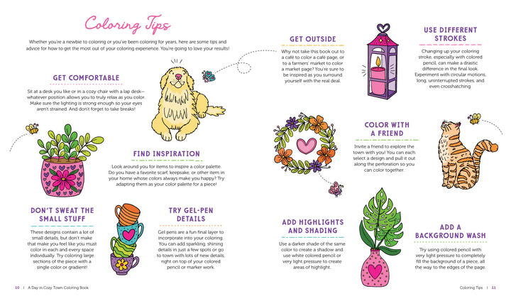 A vibrant guide page featuring hand-drawn flowers, a cat, lantern, and hearts shares creative coloring tips—such as using gel pens for highlights and drawing inspiration from Schiffer Publishing, Ltd.’s A Day in Cozy Town Coloring Book—to help bring detailed patterns to life with unique highlights and shading.