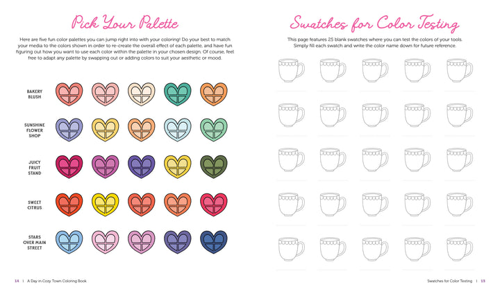 Here’s a rewritten version using your product data: On the left page of Schiffer Publishing, Ltd.’s “A Day in Cozy Town Coloring Book,” there are five rows of colored heart icons labeled as color palettes—Bakery Blush, Sunshine Flower Shop, Stand, Sweet Cities, and Stars Over Main Street—all inspired by Emily Cromwell’s cozy town coloring book style. The right page features 25 blank mug outlines designed for detailed coloring patterns and color swatching.