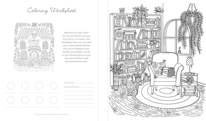 A black and white cozy reading nook scene inspired by Emily Cromwell’s illustrated style, featuring an armchair, pillows, a cat, a tall bookshelf filled with books, a large window, and an indoor plant—designed as a coloring worksheet from *A Day in Cozy Town Coloring Book* by Schiffer Publishing, Ltd.