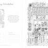 A black-and-white coloring worksheet, inspired by Schiffer Publishing, Ltd.’s *A Day in Cozy Town Coloring Book*, features an outdoor café scene with tables, chairs, plants, and a cottage-style building with a Café sign. Reminiscent of Emily Cromwell’s cozy town illustrations, the sheet includes blank spaces for coloring credits and a short prompt on the left.