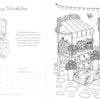 A black-and-white coloring page featuring an outdoor market stand with fruits, vegetables, flowers, and a sign reading “Outdoor Market Open Daily.” String lights hang above, with decorative plants and stones surrounding the stand—perfect for fans of storybook neighborhood coloring inspired by the cozy charm of A Day in Cozy Town Coloring Book from Schiffer Publishing, Ltd.