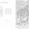Experience a charming coloring worksheet inspired by A Day in Cozy Town Coloring Book from Schiffer Publishing, Ltd., showcasing a lively market scene on the left and a tranquil park with a bench and trees on the right. The left page includes text and circles for coloring credits, capturing the storybook feel of this delightful neighborhood-themed activity.