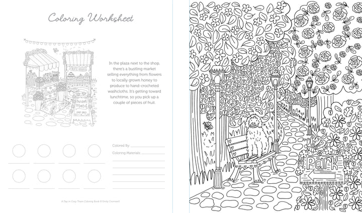 Experience a charming coloring worksheet inspired by A Day in Cozy Town Coloring Book from Schiffer Publishing, Ltd., showcasing a lively market scene on the left and a tranquil park with a bench and trees on the right. The left page includes text and circles for coloring credits, capturing the storybook feel of this delightful neighborhood-themed activity.