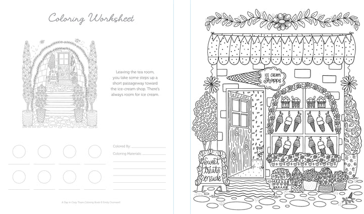 Discover a charming black and white coloring page from Schiffer Publishing, Ltd.’s A Day in Cozy Town Coloring Book. This scene features an inviting ice cream shop with a striped awning, ice cream cones displayed in the window, and a cheerful lemonade sign. On the left side, you’ll find stairs leading up to the shop, circles to fill in, and a dedicated space for name and key—making it perfect for fans of storybook neighborhoods or anyone who enjoys cozy town coloring adventures.