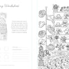 A black-and-white coloring page from the A Day in Cozy Town Coloring Book by Schiffer Publishing, Ltd. depicts a charming hat shop filled with shelves of fancy hats, flowers, and plants. On the left side, there’s a worksheet section for coloring, writing your name, and checking off circles—adding interactive fun to this beautifully illustrated scene.