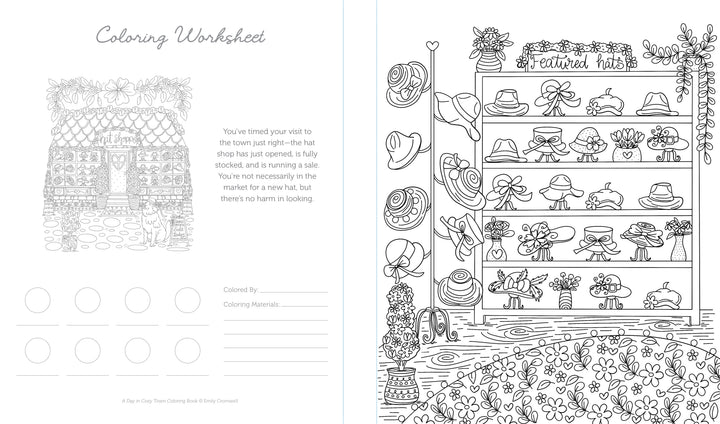 A black-and-white coloring page from the A Day in Cozy Town Coloring Book by Schiffer Publishing, Ltd. depicts a charming hat shop filled with shelves of fancy hats, flowers, and plants. On the left side, there’s a worksheet section for coloring, writing your name, and checking off circles—adding interactive fun to this beautifully illustrated scene.