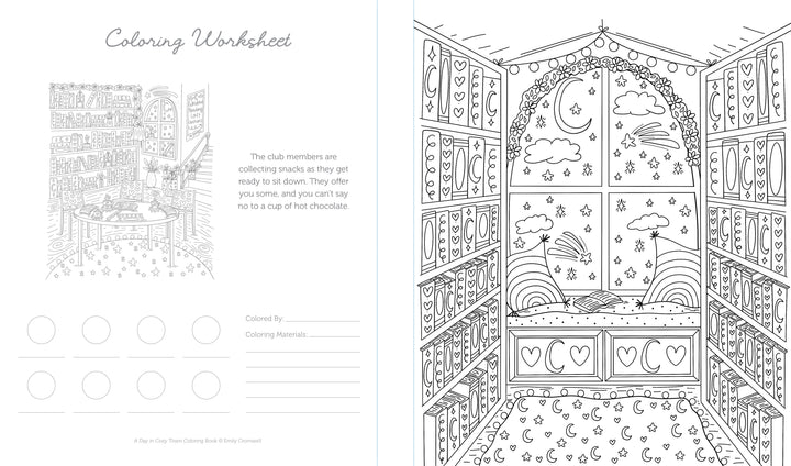 Discover a charming coloring worksheet inspired by A Day in Cozy Town Coloring Book from Schiffer Publishing, Ltd. Featuring two enchanting illustrations of a magical, cozy room filled with shelves, books, snacks, and stars, this worksheet also includes circles to color and spaces for writing your name and nickname—ideal for fans of whimsical illustrated coloring books such as those by Emily Cromwell.