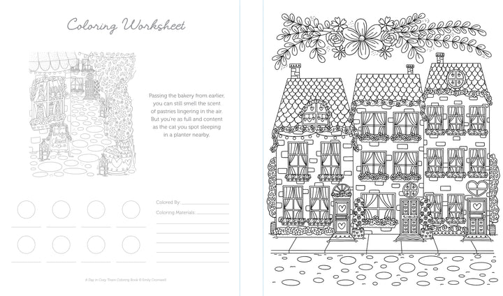 A detailed black-and-white coloring page from A Day in Cozy Town Coloring Book by Schiffer Publishing, Ltd. features a welcoming bakery and houses lined with flower boxes, all framed by a whimsical floral border above. Spaces for coloring circles, a name, and a coloring key appear on the left page of this charming illustrated book by Emily Cromwell.