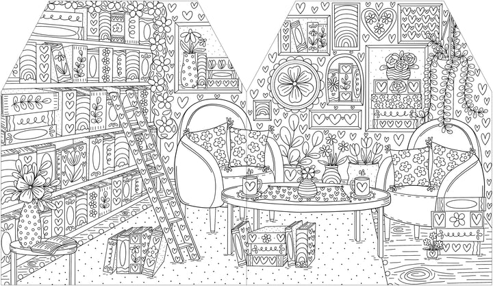 Settle into a charming black-and-white scene from A Day in Cozy Town: The Bookshop Coloring and Sticker Book by Schiffer Publishing, Ltd., featuring armchairs, bookshelves with a ladder, a coffee table, stacks of books, lush plants, and stylish wall art—all adorned with floral, heart, and geometric patterns in delightful coloring book style. Ideal for anyone who dreams of coloring their own cozy bookshop or embarking on a whimsical bookstore adventure!.