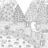 Step into two enchanting garden scenes from A Day in Cozy Town: The Bookshop Coloring and Sticker Book by Schiffer Publishing, Ltd.—one featuring a tranquil pond with a swan and blooming flowers, reminiscent of a charming bookshop’s whimsical pages; the other showcasing inviting chairs, a playful dog, a chirping bird, an open book beside a refreshing drink, surrounded by lush trees and blossoms. Lanterns hang above winding pathways that link these delightful outdoor havens.