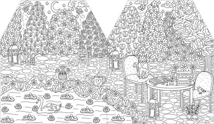 Step into two enchanting garden scenes from A Day in Cozy Town: The Bookshop Coloring and Sticker Book by Schiffer Publishing, Ltd.—one featuring a tranquil pond with a swan and blooming flowers, reminiscent of a charming bookshop’s whimsical pages; the other showcasing inviting chairs, a playful dog, a chirping bird, an open book beside a refreshing drink, surrounded by lush trees and blossoms. Lanterns hang above winding pathways that link these delightful outdoor havens.
