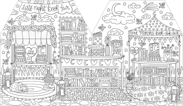 Explore the whimsical world of A Day in Cozy Town: The Bookshop Coloring and Sticker Book by Schiffer Publishing, Ltd. This black-and-white illustration captures a charming book fair scene filled with bookshelves, plants, patterned rugs, string lights, inviting signs, and a sleepy cat nestled on a cushion. Decorated with hearts and stars, it’s the perfect setting for fans of bookstore adventures or anyone who loves creating their own cozy bookshop masterpiece.
