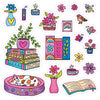 Add a touch of “A Day in Cozy Town: The Bookshop Coloring and Sticker Book” charm from Schiffer Publishing, Ltd. to your next bookstore adventure with these colorful stickers featuring flowers, stacked books and open pages, a cheerful bird, butterflies, a steaming cup, charming vases, a potted plant, and even a calico cat napping in a pink bed—each playfully outlined in white with whimsical detail.