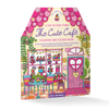A vibrant illustration showcases a pink café adorned with treats, lush plants, outdoor tables and chairs. The sign displays “A Day in Cozy Town: The Cute Café Coloring and Sticker Book” from Schiffer Publishing, Ltd. Whimsical decorations and sweets set a cozy, inviting scene—perfect for a café coloring adventure featuring delightful Cozy Town stickers.