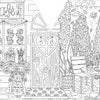 Black and white line drawing of a cozy café featuring lush plants, a pastry cart, and an outdoor seating area complete with a table, chairs, and vibrant flowers. The central door displays a heart-shaped window—ideal for your copy of A Day in Cozy Town: The Cute Café Coloring and Sticker Book by Schiffer Publishing, Ltd., or as inspiration for charming Cozy Town stickers.