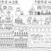 Black and white line illustration of a cozy bakery counter adorned with cakes, cupcakes, pastries, lemonade bottles, plants, and a handwritten menu board listing cakes, breads, espresso drinks, lattes, pastries, lemonade, and snacks—ideal for coloring in *A Day in Cozy Town: The Cute Café Coloring and Sticker Book* by Schiffer Publishing, Ltd. or for pairing with Cozy Town stickers to add extra charm.
