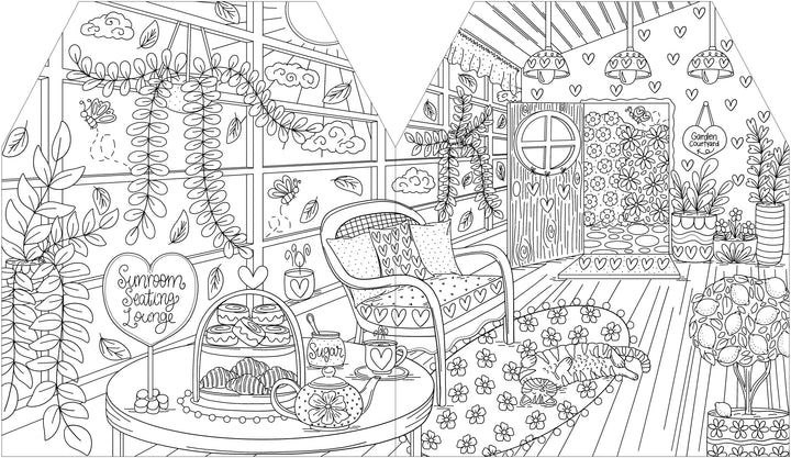 Step into a charming sunroom lounge filled with lush plants, delicious pastries, tea, and heart accents—just like the whimsical scenes found in A Day in Cozy Town: The Cute Café Coloring and Sticker Book from Schiffer Publishing, Ltd. Wicker furniture, a table full of treats, and patterned rugs set the stage for a warm and inviting atmosphere that’s perfect for every cozy café coloring adventure.