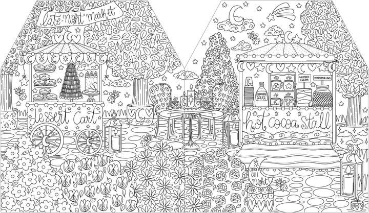Immerse yourself in a whimsical, detailed line drawing of a late-night market featuring a dessert cart, hot cocoa stall, inviting table and chairs, and lush flowers and trees beneath a starlit sky with the moon and a shooting star—a perfect scene for fans of A Day in Cozy Town: The Cute Café Coloring and Sticker Book by Schiffer Publishing, Ltd., who dream of their own cozy café coloring adventure.