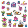Discover whimsical, playful stickers featuring flowers, mugs, a cheerful dog, cakes, a sugar jar, soap dispenser, books, a dreamy moon on clouds, a butterfly, and a coffee pot labeled DECAF—perfect for fans of Schiffer Publishing’s A Day in Cozy Town: The Cute Café Coloring and Sticker Book or anyone inspired to embark on their own cozy café coloring adventure.