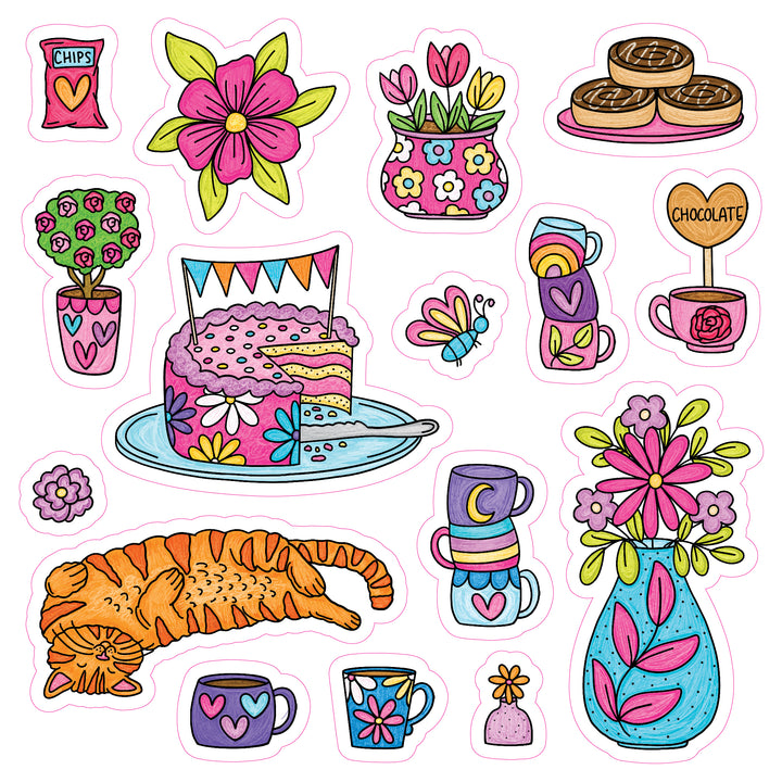 Bursting with colorful illustrations of flowers, mugs, cake, cookies, a butterfly, a sleeping orange cat, a bag of chips, and charming heart decorations—all crafted in a whimsical and playful style—A Day in Cozy Town: The Cute Café Coloring and Sticker Book by Schiffer Publishing, Ltd. is perfect for fans who adore the cozy world of coloring books and stickers.