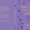 Purple book jacket for Fortune Telling for a Modern Age, decorated with gold and white celestial and mystical illustrations of a palm, tarot cards, and crystals.
