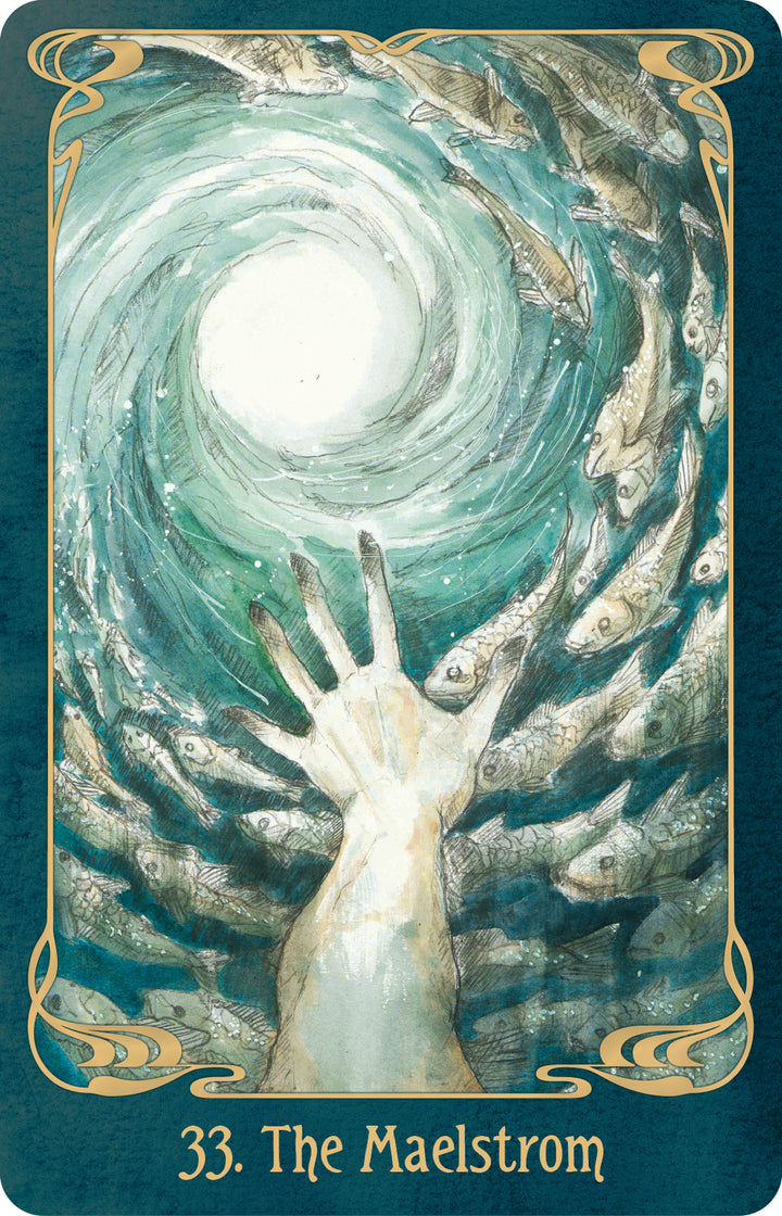 A hand reaches toward a bright light in a swirling vortex of fish on this Oracle of the Mythical Ocean card, featuring the text 33. The Maelstrom at the bottom.