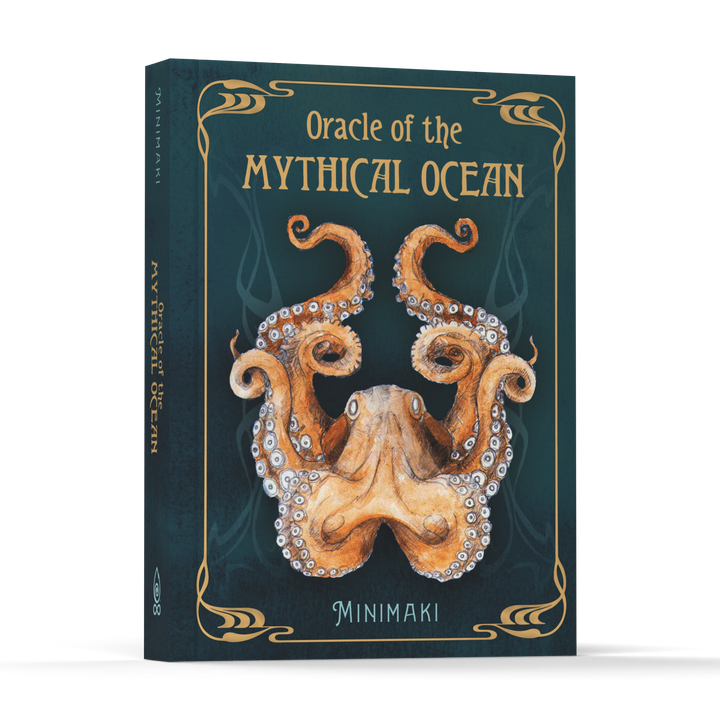 The Oracle of the Mythical Ocean oracle deck, presented in a box featuring an orange octopus on a dark teal cover with gold title lettering.