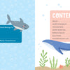 Left page: A friendly cartoon octopus, shark, and starfish appear on a cheerful blue bubble background, with a spot to add your name—ready to welcome young readers to the KindKids Awesome Ocean Adventure Puzzle Book by Schiffer Publishing, Ltd. Right page: The contents list features a playful crab and a smiling blue whale gliding above seaweed, inviting kids to dive into ocean-themed challenges and beach puzzles included in this exciting activity book.