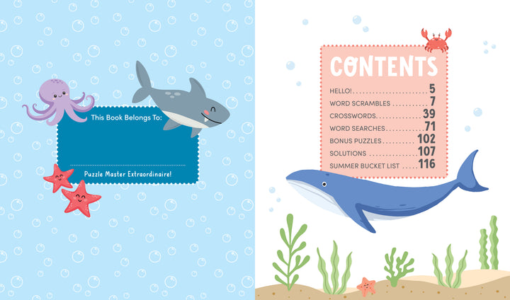 Left page: A friendly cartoon octopus, shark, and starfish appear on a cheerful blue bubble background, with a spot to add your name—ready to welcome young readers to the KindKids Awesome Ocean Adventure Puzzle Book by Schiffer Publishing, Ltd. Right page: The contents list features a playful crab and a smiling blue whale gliding above seaweed, inviting kids to dive into ocean-themed challenges and beach puzzles included in this exciting activity book.